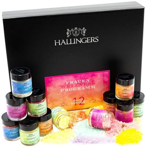 Hallingers Frauen-Wellness-Programm - 12er Badesalz-Geschenk-Set mit Totes Meer-Salzen (Set) - Geschenkideen Weihnachten & Geschenke Adventskalender | Glückwunsch Glückwünsche Neues Zuhause