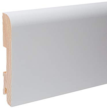 Plinthe en bois massif de 24 m avec bord avant arrondi blanc RAL9010 - Hauteur : 100 mm.