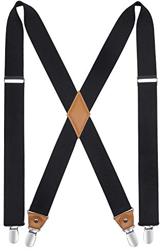 HISDERN Herren 3,5 cm breiter Hosenträger in X-Form mit sehr Starken 4 Metall Clip für Männer und Damen elastisch und verstellbar Schwarz