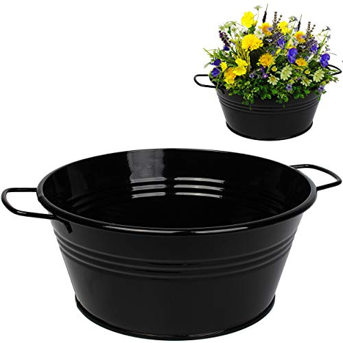 alles-meine.de GmbH Metall - Blumentopf/Pflanzkübel/Pflanzschale - schwarz - 25 cm - RUND - frostsicher - MITTEL groß - mit Henkel - Eimer/Dekotopf - Übertopf STAPELBAR - r..