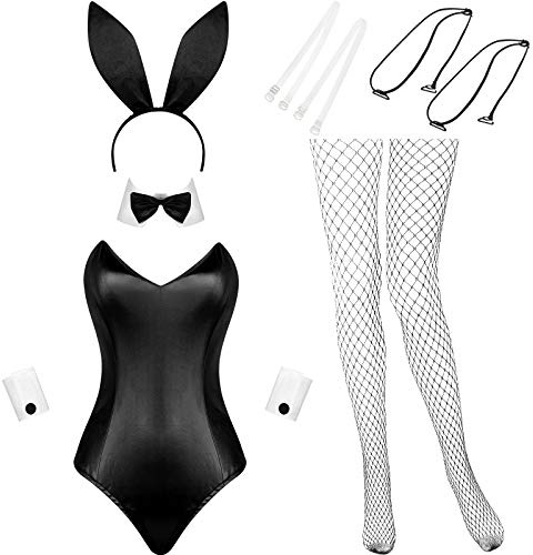 Geyoga Halloween Anime Damen Hase Kostüm Einteiler Bodysuit Kaninchen Haarreif Strümpfe Set Hasen Outfit für Weihnachten Party (Weiß und Schwarz, L)