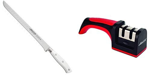 Arcos Riviera Blanc Cuchillo jamonero flexible, 250 mm (estuche) + 610600 Afilador con mango