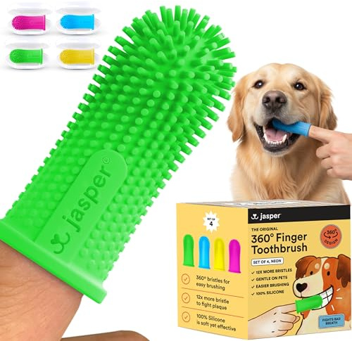 Jasper 360º Dog Finger Brush Toothbrush Set (4-Pack), Ergonomic Design, Full Surround Bristles for Easy Teeth Cleaning, Dental Care for Puppies, Cats and Small Pets, Neon