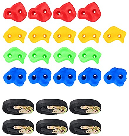 COSTWAY 18 Stück Kinder Klettergriffe Klettersteine mit sechs Gurten belastbar bis 300kg für Kletterwand Spielturm Hindernisparcours