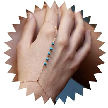 Cimenexe Bohemian Türkis Fingerarmband Gold Türkis Ring Handkette Armband Blauer Edelstein Sklavenarmband Retro Handgelenk Armband Strand Handkette Schmuck für Frauen und Mädchen
