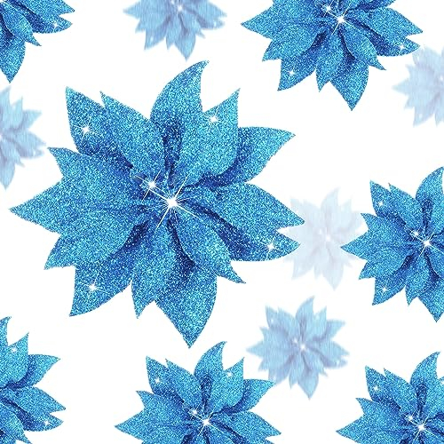 Chunyin 24 Pièces 3 Taille Décorations de Poinsettia de Noël Fleur de Sapin de Noël Fleur de Magnolia Ornement Fleur de Poinsettia Artificielle Scintillante de Noël avec Clip pour Fête (Bleu)