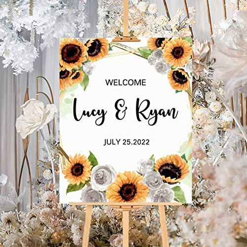 Hochzeit Willkommensschild Sonnenblumen Personalisiertes Holz Hochzeit Schild Vintage Rustikal Holz Hochzeit Empfang Grußschild für Jahrestag Brautdusche Verlobung Hochzeit Party Supplies Dekoration