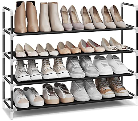 SONGMICS Schuhregal mit 4 Ebenen, Standregal, Schuhaufbewahrung, platzsparend, Metallrahmen, Vliesstoff, für Wohnzimmer, Eingang, Flur und Garderobe, schwarz LSH054B01