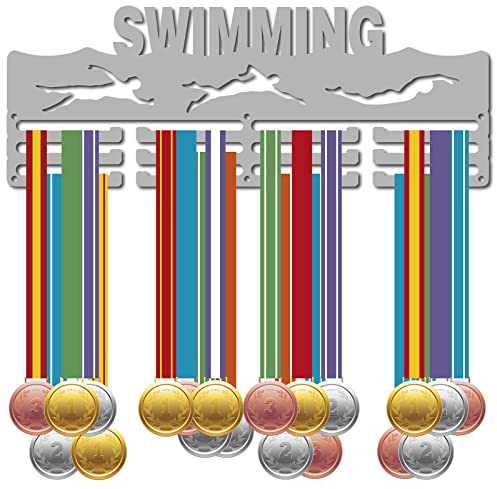 CREATCABIN Schwimmmedaillenhalter Schwimmer Sport Medaillen Aufhänger Sportler Auszeichnungen Ausstellungsständer Wandhalterung Silber Metall Aufhängen Für Zuhause Abzeichen Über 60 Medaillen 40x15cm
