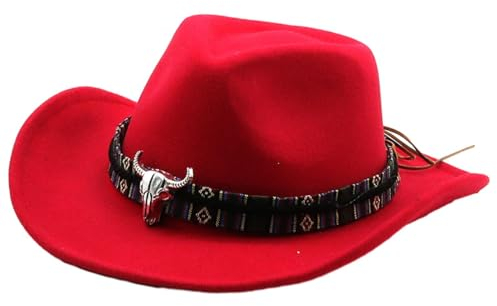LOVIVER Western Cowboy Hut Männer Sommer Outdoor Hut Warme Mode Kostüm Requisiten Cowgirl Hut Sonnenhut für Bühne Leistung Straße, Rot