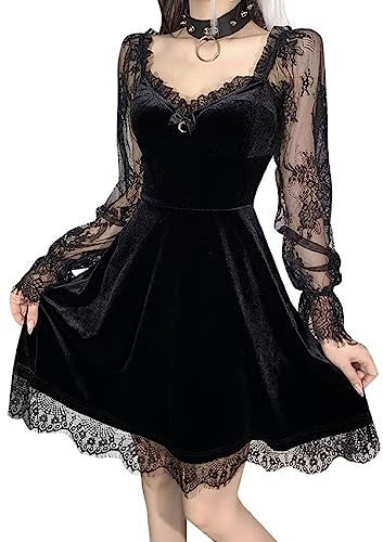 XKBHYD Gotik Spitze Velours Kurzes Kleid V-Ausschnitt Sexy Halloween Party Kleid Cocktail Lässig Minikleid