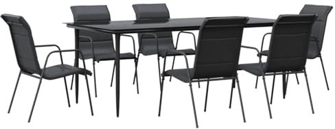 Gecheer 7-TLG. Garten Essgruppe 6 Personen, Gartenmöbel Set, Tisch mit Stuhl, Terassenmöbel, Gartengarnitur für Garten Terrasse, Schwarz Stahl und Textilene