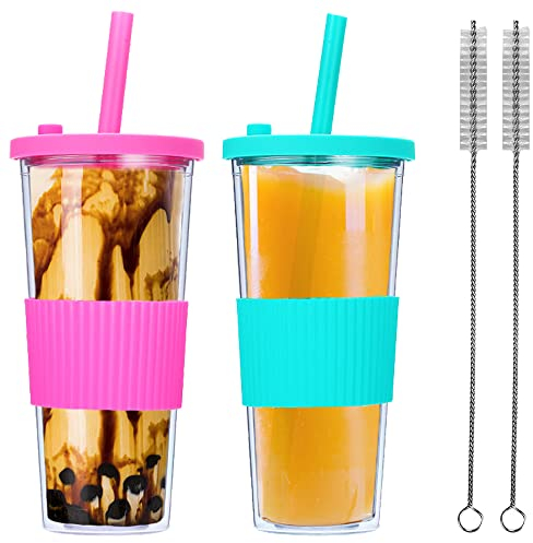 BEVKAF Lot de 2 Tasses à thé Boba réutilisables, gobelet à Smoothie à Double paroi étanche de 24 oz, Tasse à café glacé, Paille Large pour thé à Bulles (Vert et Rose Rose)
