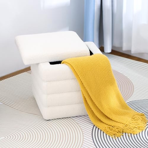 LEUTED Sitzwürfel mit Stauraum, Sitztruhe mit Stauraum, Teddystoff Sitzhocker, Sitzbox mit großem Stauraum modern Aufbewahrungsbox für Schlafzimmer Flure Weiß