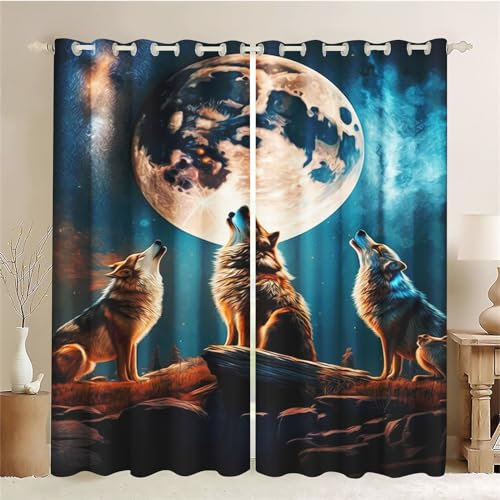 CYSYLQW Wolf Blickdichter Vorhänge Wolf Mit Ösen Tier Verdunkelungsvorhänge 2er Set Gardinen für Dekoration Kinderzimmer Wolf Verdunkelungsvorhang-Set (6,150 x 166cm(2X75X166cm))