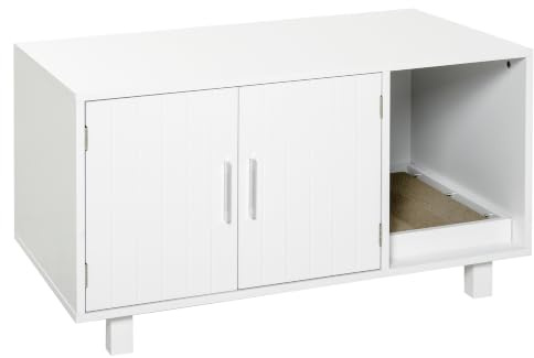 PawHut Maison de Toilette pour Chat, Meuble 2 Portes Cache litière pour Chat, Compartiment Ouvert griffoir, Table d'appoint, 91L x 52l x 50,5Hcm, en Bois Blanc | Meuble 2 Portes Cache Litière pour Chat, Compartiment Ouvert Griffoir, Table d'Appoint
