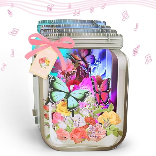 Tarjeta de cumpleaños con música y luces (juego controlado) | Tarjeta de felicitación creativa 3D de mariposa en tarro con sobre| se puede utilizar como agradecimiento, aniversario, saludo, tarjeta de