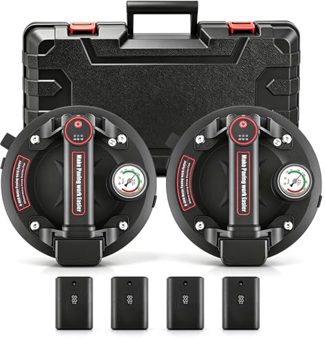 Aofesel 2 Pack 8 Saugheber Akku Fliesenheber mit Manometer, Akku x4, Werkzeugbox, Elektrischer Saugheber Tragkraft 200 KG, Dreigiges Pad Vakuum Glasheber für Transport von Aquarium, Fliesen, Glas