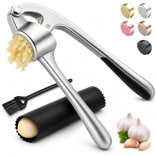 Kitchen Garlic Press, Rust Proof & Dishwasher Safe Garlic Mincer, Durable Garlic Crusher Set with Peeler＆Brush, Easy to Clean and Squeeze, Matte