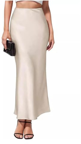 FFWTPY Falda Mujer Elegante Larga de Raso Talle Alto Vintage Lápiz Color Sólido hasta la Rodilla Faldas para Cóctel Casual Fiesta (Beige/XL)