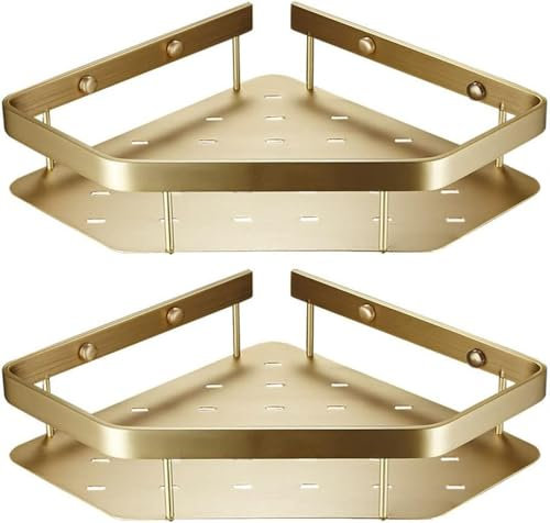 OLSKFUH Corner Bath Shelf Shower Caddy Brass Basket Accessory Sets Non Organizer Kitchen Corner Shelves Unit Wall Mountedf, Polygon, Gold,Gold