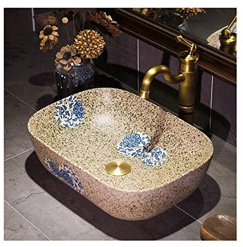 WOTZOV Mobile lavabo con lavabo da Bagno, lavabo da appoggio, per la casa, lavabo, Dipinto, Finta Pietra, Motivo Floreale Blu, 16