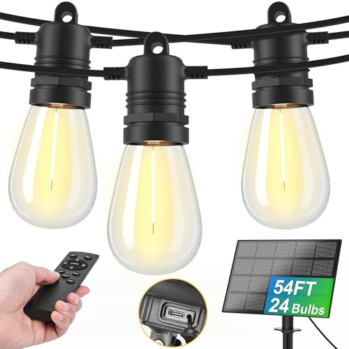 AUBVERC Solar String Lights Outdoor Waterproof 54 FT 24 Sockets 25 LEDs Patio Lighting, USB Charge & Remote Controlled Dimmer Timer, Solar Outdoor Lights for Patio Yard Outside Camping Party 2700K