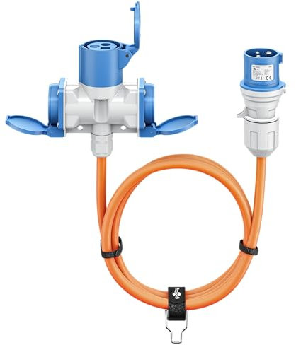 goobay Cavo adattatore CEE per caravan, 1,5 m, spina CEE a 1 presa CEE e 2 prese con contatto di protezione, IP 44, cavo da campeggio, camper e cantieri, 76231