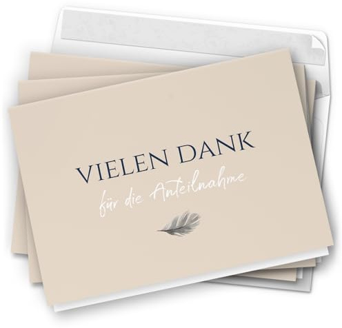 Danksagungskarten Trauer – 10 Klappkarten mit Umschlägen – Motiv: Feder auf Beige – Trauerkarten Danksagung mit Text – Dankeskarten Trauer nach Beerdigung