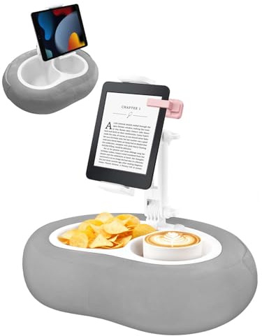 Tablet Kissen, Kindle Halter, Kindle Ständer, Lesekissen fürs Bett, Grau | 360°verstellbare Blickwinkel,abnehmbare Snackschale & Getränkehalter,weiche waschbare Polsterung,für 5–12,9 Zoll Geräte