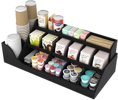 Suli 3-Tier Coffee Station Organiser with Drawer, Extra Large Wooden Countertop Pod Holder, 18 Compartments Storage for Condiment Syrup Tea Bags, Rustic Bar Decor for Home Kitchen Office, Black