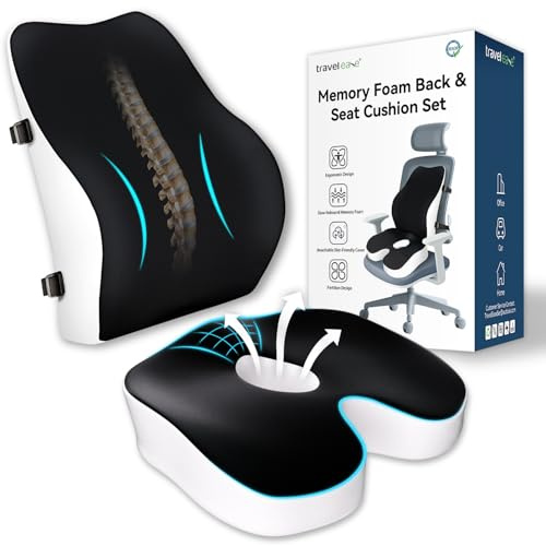 Travel Ease Set Cuscino per Sedia in Schiuma di Memoria e Supporto Lombare, Comfort Ergonomico per Sedia da Ufficio, Sedile Auto, Uso Domestico e Viaggi, Supporto per Schiena e Glutei, Nero