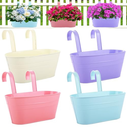 APACALI 4 Pack Hanging Plant Pot Outdoor, 27cm Balcony Planters for Railing with Detachable Hooks, Over Fence Planters, Hanging Flower Pots for Home Garden Decor, 4 Colours