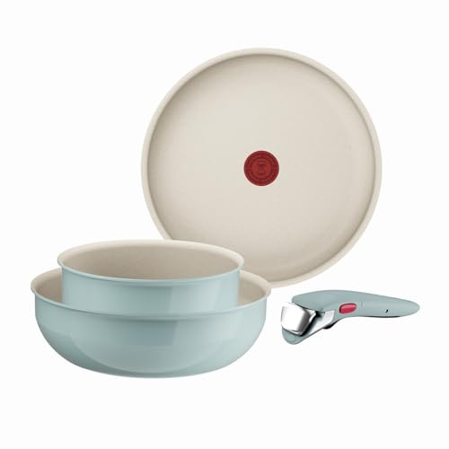 Tefal Ingenio Green 4-Piece Non-Stick Cookware Set – Induction Frying Pan, Wok, Saucepan, Detachable Handle, Oven Safe, Stackable, Compact RV Kitchen Organiser, L8284S04