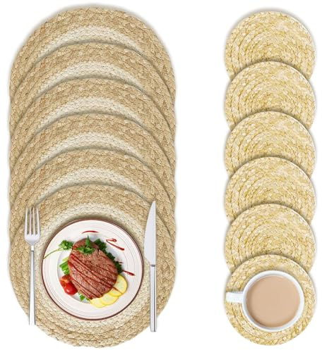 Round Woven Placemats Set of 6(Include 6 matching coasters), 30cm Handmade Weave Placemats, Natural Table Place Mats, round placemats for Dining Table, Kitchen, Home, Party and Restaurant