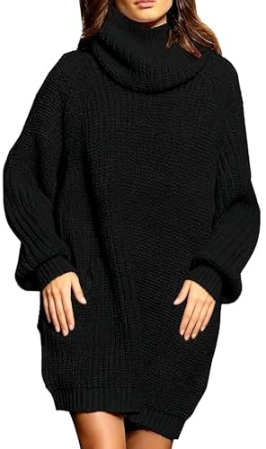 Saodimallsu Damen Strickkleid Oversized Rollkragen Pulloverkleid Langarm Einfarbig Elegant Minikleid Weihnachtskleid Laternenärmeln Weihnachten Winterkleid Schwarz S