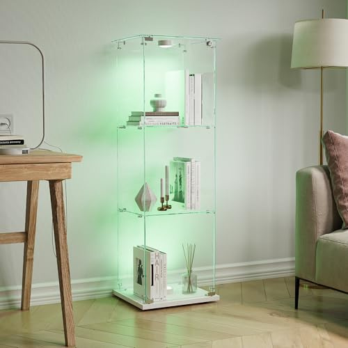 BPKADHY glasvitrinskåp stående med LED-belysning, glasvitrinskåp stående med 3 glasgolv och 1 glasdörr, vitrinskåp för vardagsrum kontor samlarobjekt böcker vin vit