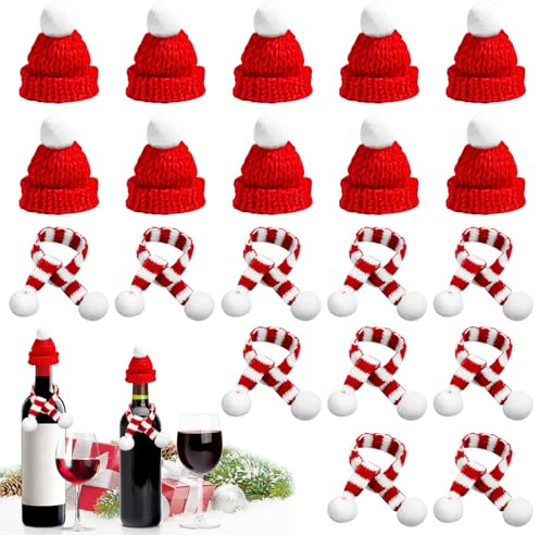 xiaoxiaozhijia 20 Stück Mini Weihnachtsmützen und Schal-Set,Mini Weihnachtsdeko,Sorgenwürmchen Zubehör,geeignet für Weinflaschen,Puppen, Kunsthandwerk und festliche Geschenkdekorationen (Rot)
