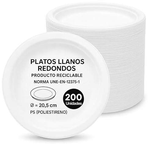 Platos de plástico blancos reutilizables, Plato de plástico llano redondo, apto para alimentos calientes, Platos extra resistentes, Norma UNE-EN-12875-1, Diseño llano diámetro 20.5 cm, 200 unidades