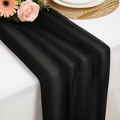 Runner de Tavolo Nero in Chiffon, 77 X 300 CM Morbido e Confortevole Runner de Tavolo Moderno Tulle per Matrimoni, Feste, Battesimi, Baby Shower, Addio Al Nubilato, Decorazione da Tavolo in Cucina