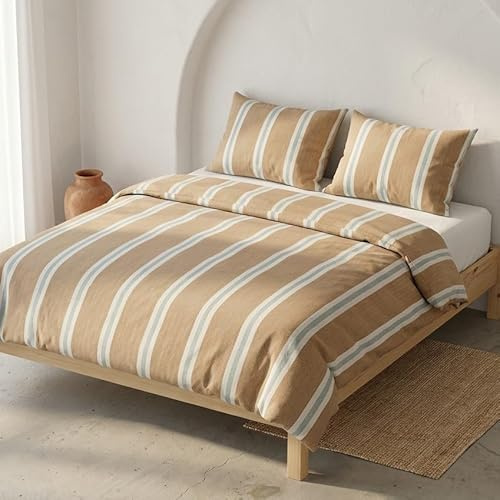 Juego Funda nórdica Cama 150/160 100% algodón - 2 Fundas Almohada 50x85 cm, Estampado líneas Taupe