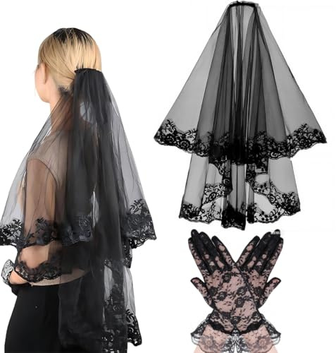 UIEXAY Velo de Novia de Encaje Negro, 1 artículo Velo Corto de Novia de 2 Niveles Borde de Cinta, Guantes Cortos de Encaje para Mujer de Halloween, para Carnaval, Boda, Cosplay