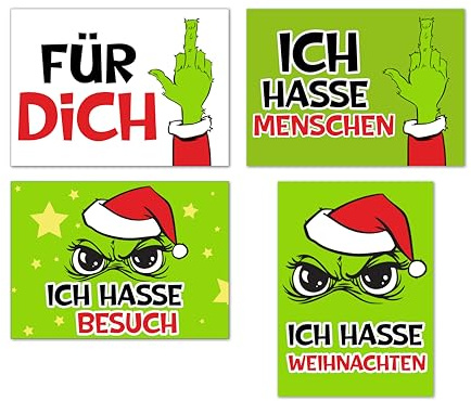 Muffel 4er Set Kühlschrankmagnete | Festtagsmuffel | Lustige Sprüche: „FÜR Dich“, „ICH Hasse Menschen“, „ICH Hasse BESUCH“, „ICH Hasse Weihnachten“ | Magnettafel Magnet | Witzig, Frech, Ironisch |
