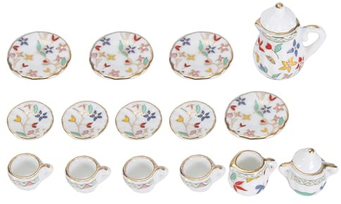 Juego de Tazas de té de Flores de Porcelana en Miniatura de Cocina de casa de muñecas 1:12, 15 Piezas, Elegante Juego de té de Alta simulación en Miniatura para decoración de casa (Flores Coloridas)