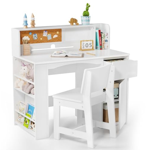 JOYMOR Kids Desk and Chair Set with Bookshelf, Kids Study Desk with Chair with Storage Cabinet, Student Writing Table for Study & Crafts, Student Computer Workstation for 5-12 Years Old, White