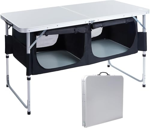 Campingtisch klappbar aus Aluminium, 120 × 60 cm, höhenverstellbar, mit integriertem Stauraumfach, tragbar & stabil bis 50 kg, Gartentisch für 4–6 Personen, ideal für Camping, Picknick & Outdoor
