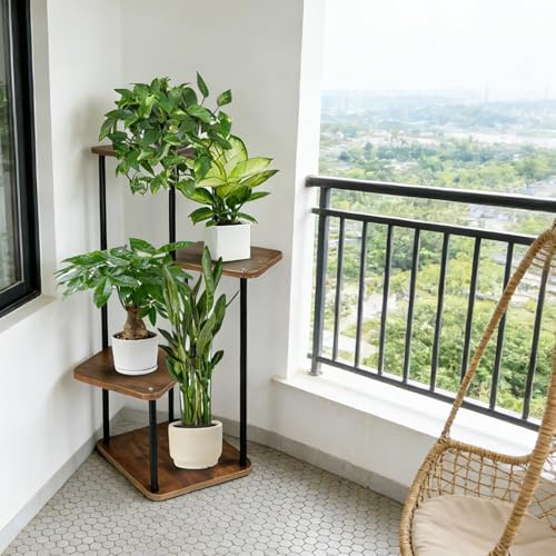 HUOLE Support de Plante en Métal Bois, Étagère d'Angle pour Pots de Fleurs Interieur, Porte Plantes d'Intérieur pour Terrasse Balcon Jardin Salon,30 x 30 x 80 cm (4 couches - B)