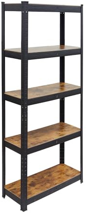 Relaxdays Kraftig lasthylla, 500 kg, HBT: 180 x 75 x 30 cm, 5 nivåer, träutseende, förvaringshylla, stål och MDF, svart/brun