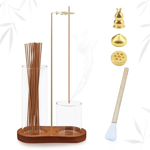 Yeria Porte-encens en verre en forme de 8 avec 3 supports pour bâtonnets parfumés, brosse de nettoyage, pour la maison, la méditation, le yoga - Avec encens et bois de santal