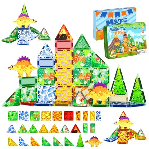 Magnetiska byggstenar för barn, dinosaurier Magna Tiles, magnetisk djungelleksak, mini magnetiska byggstenar, födelsedagspresent för barn från 3 till 12 år